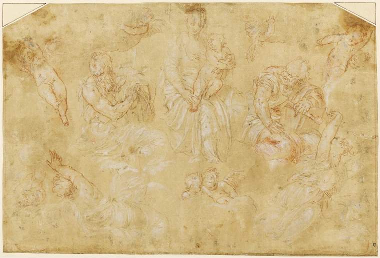 An image of Title/s: The Virgin and Child, with St Peter and St Paul and Angels Maker/s: Zelotti, Giovanni Battista attributed to (draughtsman) [ULAN info: Italian artist, c.1526-1578]Technique Description: pen, grey brown ink, red chalk, heightened with white on yellow prepared paper Dimensions: height: 267 width: 397 