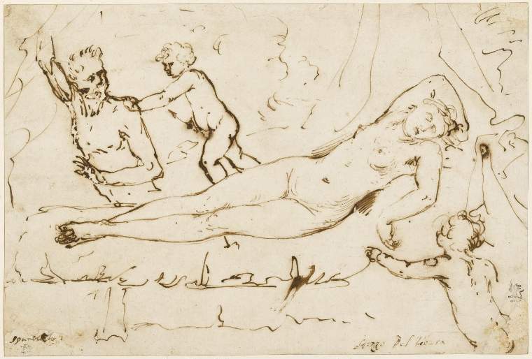 An image of Title/s: Venus with Cupids and Satyr: Jupiter and Antiope Maker/s: Ribera, Jusepe de (lo Spagnoletto) (draughtsman) [ULAN info: Italian artist, 1590-1652]Description: May represent Ariadne on Naxos, defended from a satyr by a Cupid Technique Description: pen and brown ink on white paper Dimensions: height: 174 mm, width: 258 mm Date: 1626 to 1630