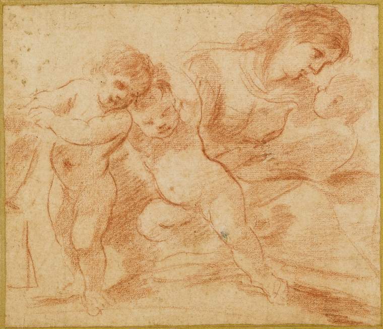 An image of Title/s: CharityMaker/s: Guercino (Giovanni Francesco Barbieri) studio of (draughtsman) [ULAN info: Italian artist, 1591-1666]Production Notes: a copy based on the drawing, 'Charity with an old man', in the British Museum (1895-9-15-706)Technique Description: red chalk on paperDimensions: height: 178 mm, width: 208 mm