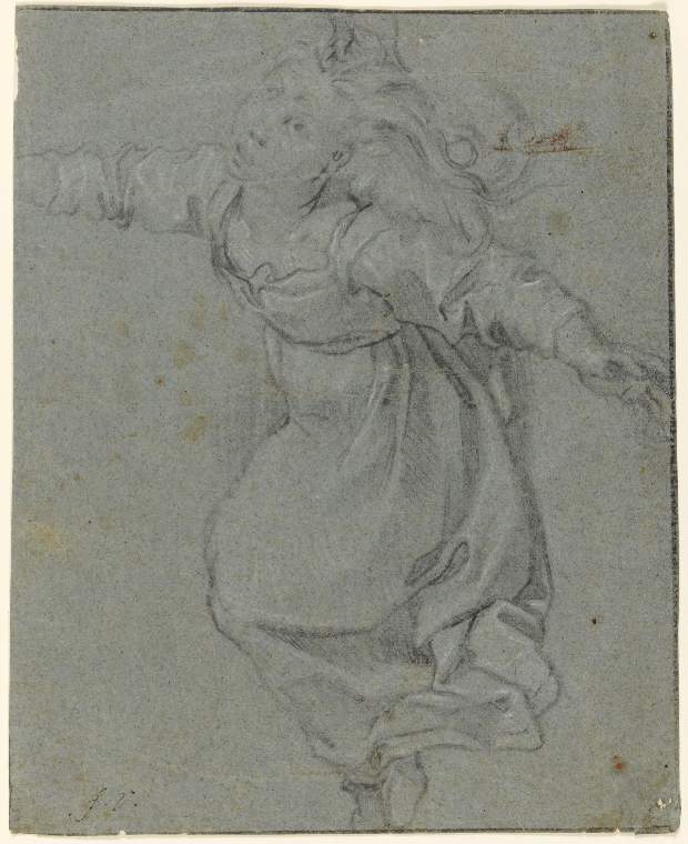 An image of Title/s: "L'Indemoniata"; a study for the altar-piece, The Miracle of St Catherine in San Domenico, Siena (1596) Maker/s: Vanni, Francesco (draughtsman) [ULAN info: Italian artist, 1563/5-1610]Production Notes: The altar-piece was commissioned in 1593 and finished in 1596.Technique Description: black chalk, heightened with white on carta azzurra Dimensions: height: 172 mm, width: 217 mm