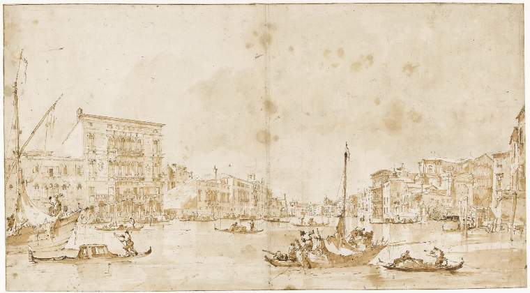 An image of Title/s: The Grand Canal, Venice, with Palazzo Bembo and the church of S. Geremia Maker/s: Guardi, Francesco (draughtsman) [ULAN info: Italian artist, 1712-1793]Technique Description: pen and light brown ink over black chalk, on paper Dimensions: height: 414 mm, width: 755 mm