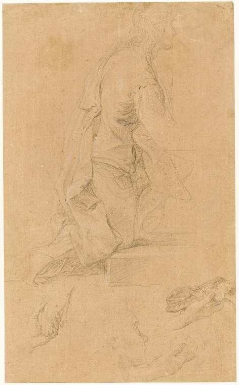 An image of Title/s: Studies of a youth kneeling on a step; clasped hands; a head in profile to right; two studies of a hand holding a beret 
Maker/s: Batoni, Pompeo Girolamo (draughtsman) [ULAN info: Italian artist, 1708-1787]
Technique Description: black and white chalk on ochre preparation, on paper 
Dimensions: height: 419 mm, width: 253 mm

 

 
