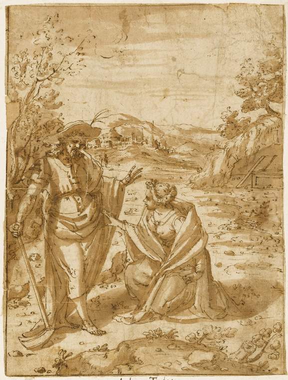 An image of Title/s: Noli me Tangere Maker/s: Semino, Andrea (draughtsman) [ULAN info: Italian artist, 1525(?)-1595(?)]Technique Description: pen, sepia and wash, on paper Dimensions: height: 240 mm, width: 180 mm