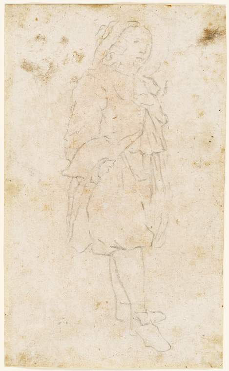 An image of Title/s: A young man in a hat, standing to left, his glove under his armpit, his left hand in his pocket (recto title) Maker/s: Vannini, Ottavio attributed to (draughtsman) [ULAN info: Italian artist, 1585-1643]Technique Description: red chalk on paper Dimension: height: 229 mm, width: 140 mmDate: circa 1630