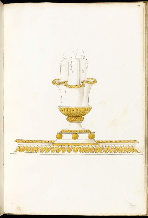 An image of Title/s: Designs for SilverwareMaker/s: Giulio Romano (Giulio Pippi) after (draughtsman) [ULAN info: 1499 ?-1546; Artist, Painter, Mantova, Roma]Description: Sketchbook is bound in vellum and has 101 leaves.Technique Description: pen and brown ink, yellow and grey wash on paper Dimensions: height: (leave size): 397 mm, width: (leave size): 267 mm