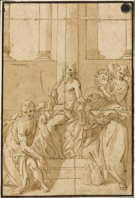 An image of Title/s: Christ as the man of sorrows with SS Sebastian and Bernardino of Siena and an angel 
Maker/s: Bononi, Carlo (draughtsman) [ULAN info: Italian artist, 1569-1632]
Technique Description: pen and brown ink, brown wash, on paper, laid down on a washed mount
Dimensions: height: 159 mm, width: 107 mm

 

 

