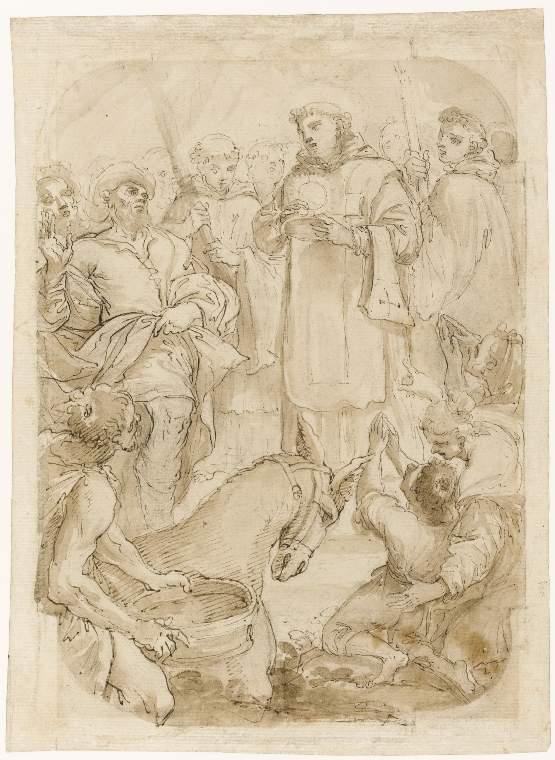 An image of Title/s: The Miracle of the Ass Maker/s: Rolli, Giuseppe Maria (draughtsman) [ULAN info: Italian artist, 1645-1727]Technique Description: pen and brown ink, brown wash, over black chalk, on paper Dimensions: height: 268 mm, width: 196 mm
