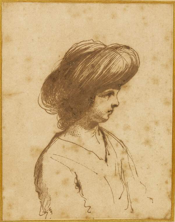 An image of BARBIERI, Giovanni Francesco, called Il Guercino. Cento 1591-1666 BolognaChild wearing a turban in profile to rightPen and brown ink192 x 150 mm
