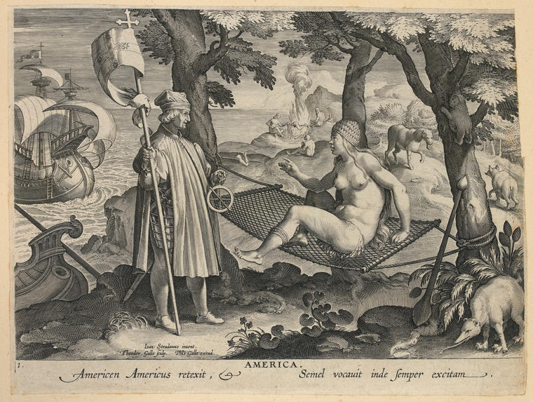 An image of Amerigo Vespucci discovers America, from ' New Inventions of Modern Times'. Straet, Jan van der (Giovanni Stradano) after. Galle, Theodor (printmaker). Engraving. Album. circa 1591.