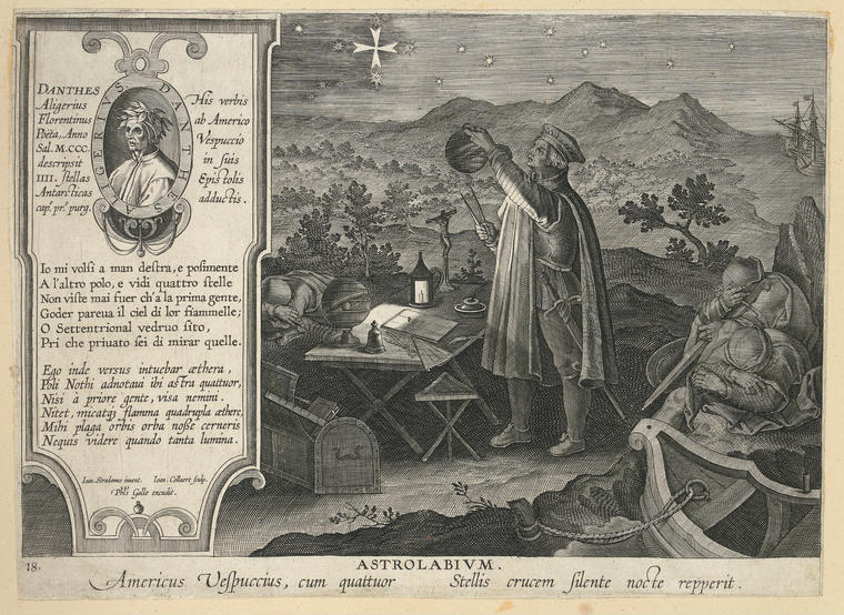 An image of Amerigo Vespucci discovering the Southern Cross with an astrolabium. Series title: New Inventions of Modern Times. Straet, Jan van der (Giovanni Stradano) after. Collaert, Jan II (printmaker). Engraving. Album. circa 1591.