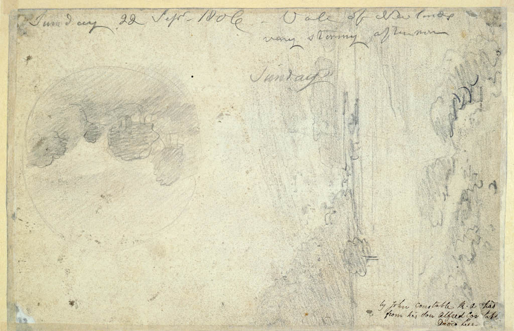 An image of Recto: The Vale of Newlands: very stormy afternoon. Verso: Slight sketch of a view in the Lakes and another sketch in a circular format. Constable, John (British, 1776-1837). Recto: grey wash and graphite on paper (recto), height 155 mm, width 239 mm, 1806.