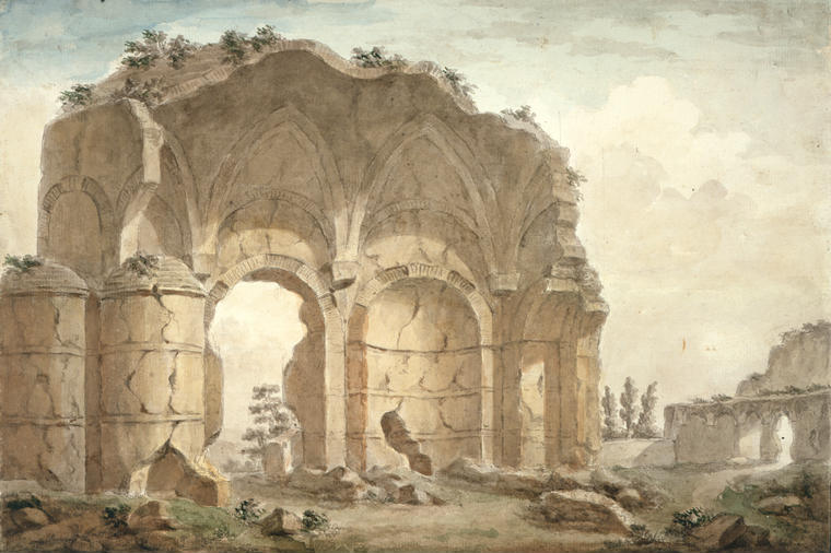 An image of watercolour, gouache, pen and ink, with traces of black chalk underdrawing, on paper, with black wash border, mounted on back of engraving of arch, height 238mm, width 355mm.