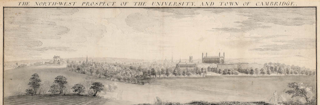 An image of The North-West Prospect of the University and Town of Cambridge, 1743. Buck, Samuel (British, 1696-1779). Pen, ink, graphite, grey wash on paper laid down on board. Height: 300 mm x width: 850 mm.