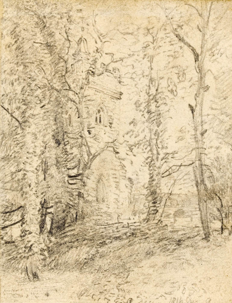 An image of Constable, John. Church Tower seen through trees (1816). Graphite on paper.