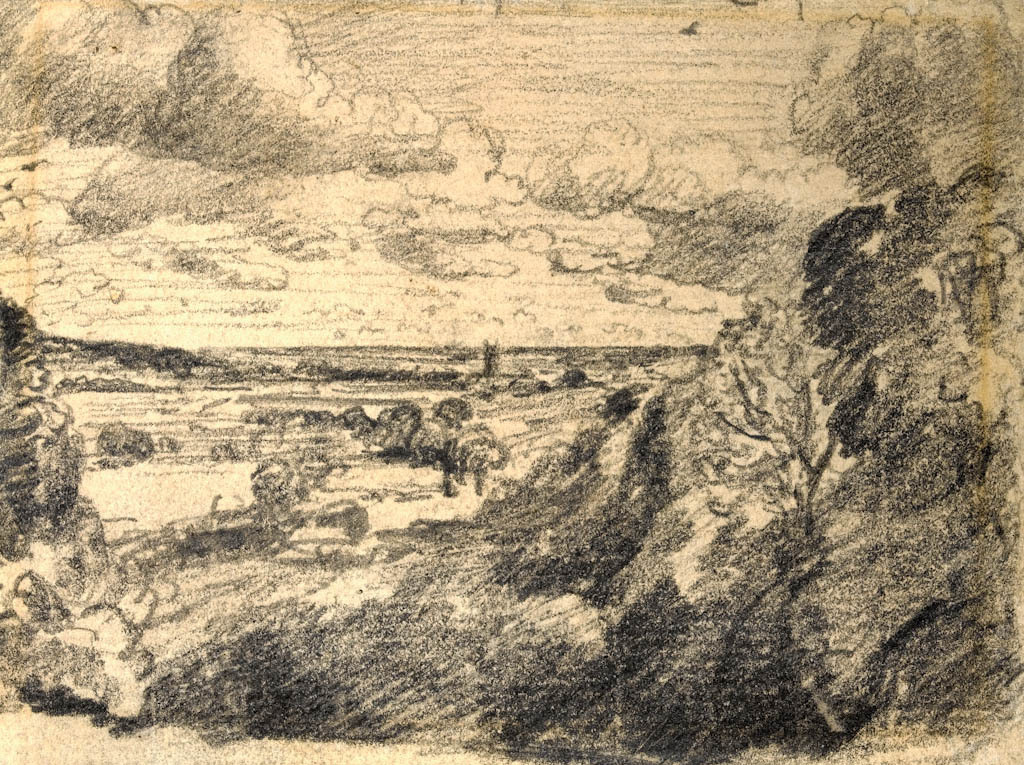 An image of Constable, John. Dedham Vale (1802-1811). drawing (graphite on laid paper, trimmed, slight brown border of approximately 4mm all round showing where previous mount was).