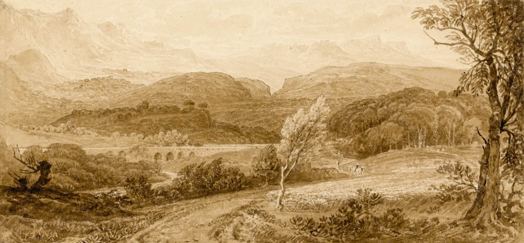 An image of De Wint, Peter. View near Palermo. Brown wash over slight traces of graphite, with highlights scratched in, on paper.