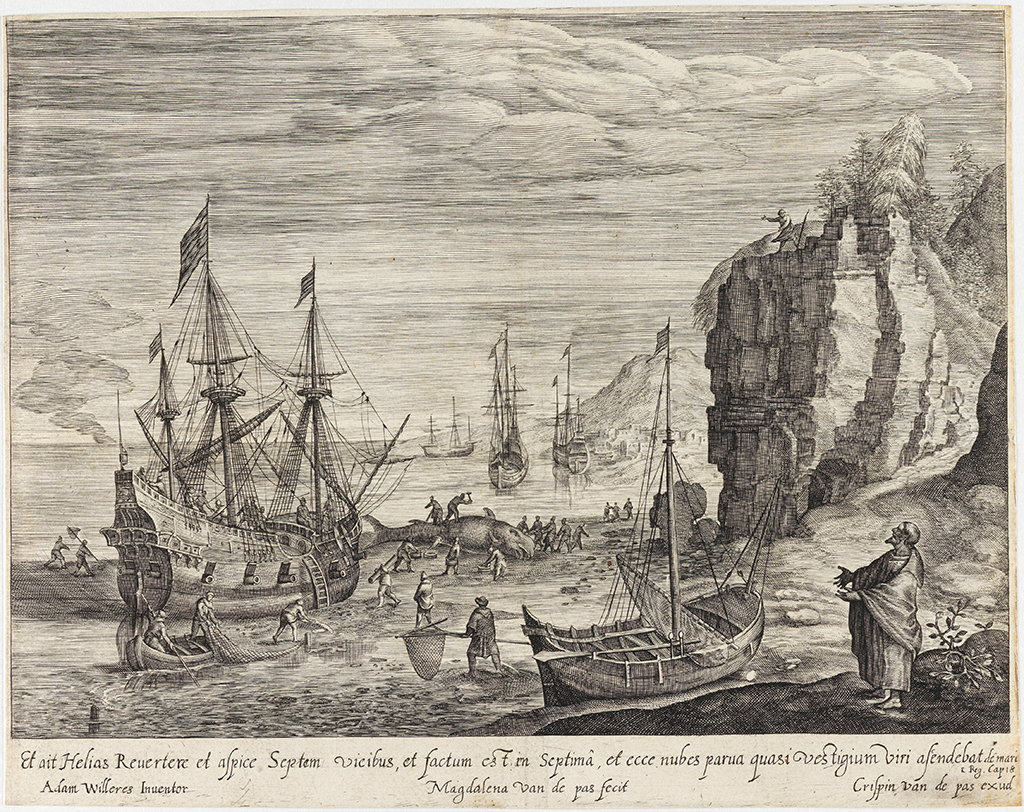 An image of Print Album. Beach with fishermen cutting up a whale: Elijah standing in the foreground on the right. Four landscapes with scenes from the story of Elijah. Passe, Magdalena van de (Dutch, c.1596-1638), Passe, Crispijn I de (publisher, Flemish, 1564-1637). After Willaerts, Adam (Dutch, 1577-1664). Engraving. 