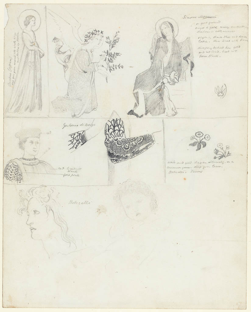 An image of Title/s Upper left, sketch of a saint(1); Upper right, sketch of the 'Annunciation'(2); Left centre, sketch of the head and shoulders of a man(3); Centre, sketch of section of embroidery(?) and the lower secion of a sleeve(4a, 4b); Right centre, sketch of two sprigs of flowers(5); Lower left, sketch of a head(6); Lower centre, sketch of a child(7) Maker/s Burne-Jones, Edward (draughtsman) [ULAN info: British artist, 1833-1898] Category drawing Name drawing School/Style British Accession Number; 1084.5 (Paintings; Drawings and Prints)
