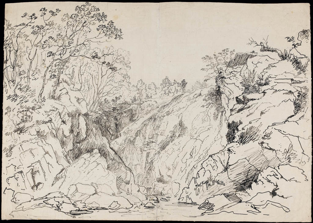 An image of Stream and rocks. Cox, David, the elder (British, 1783-1859). Black chalk with pen and ink on paper, height 334 mm, width 473 mm.