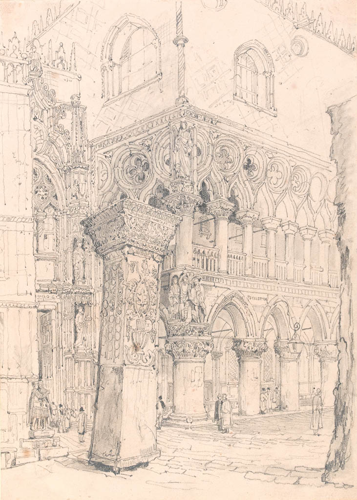 An image of Prout, Samuel (British). The Piazzetta, Venice. Graphite on paper, laid down on mounting card, 362 mm x 259 mm, 19th Century.
