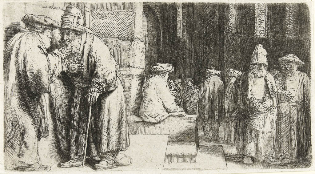 An image of Jews in the Synagogue. Basan, Pierre François. After Rembrandt Harmensz. van Rijn (Dutch, 1606-1669). Reworked after. Etching, drypoint, engraving, black carbon ink on paper, height (plate) 71 mm, width (plate) 129 mm; height (sheet) 73 mm, width (sheet) 133 mm, 1648 (19th Century impression). State III/III.