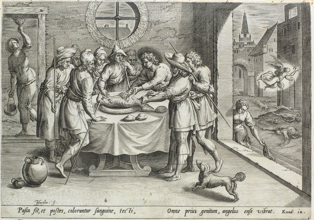 An image of Album / Print. Preparation for the passover, from The story of Moses and the Pharaoh. Sadeler, Jan I (Flemish, 1550-c.1600). Jode, Gerard de (publisher, Dutch, 1509/17-1591). After Cleve, Marten I van (Netherlandish, 1527-1581). Engraving, circa 1585. State II/II. Flemish/Dutch.