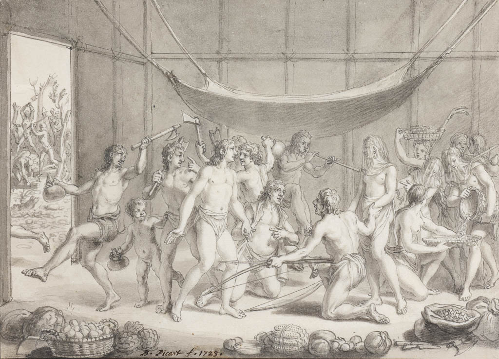 An image of "Marriage des Indians du Panama". Picart, Bernard (French, 1673-1733). Pen and black ink, grey wash with brown ink, double line border on laid paper, incised, height 152 mm, width 211 mm, 1723.