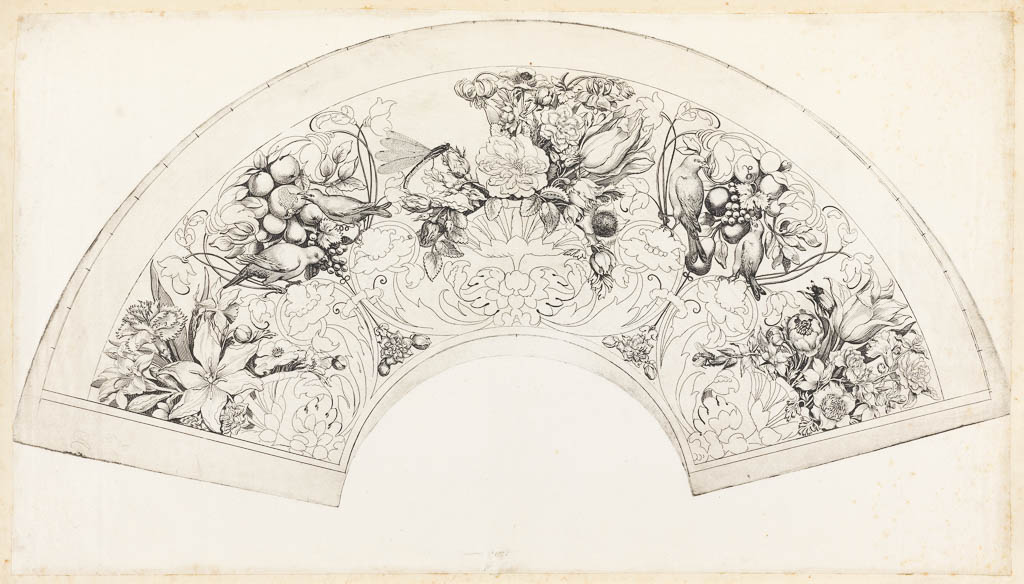 An image of Print album. Fan design with flowers and birds eating grapes and pomegranates. Bosse, Abraham, printmaker (French, 1602-1676). Etching, 1638. Unfinished proof. Most of the design executed in outline only. Part Of: 30.I.4; Oeuvre de Bosse Vol. 1.