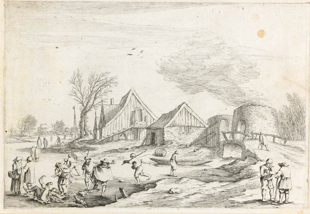 An image of Winter Landscape with Ice Skaters and a Smoking Lime Kiln. Scheyndel, Gillis van (Dutch, active 1622-1654). Etching, engraving, 17th Century. From an album: Oeuvre de Herman Saftleven.