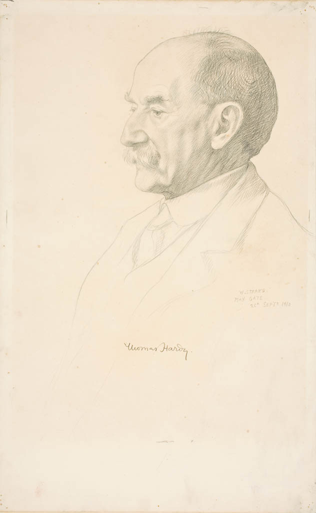 An image of STRANG, William. Portrait of Thomas Hardy OM, Litt. D. Graphite on paper, laid on card, height 430 mm, width 270 mm, signed 1910.