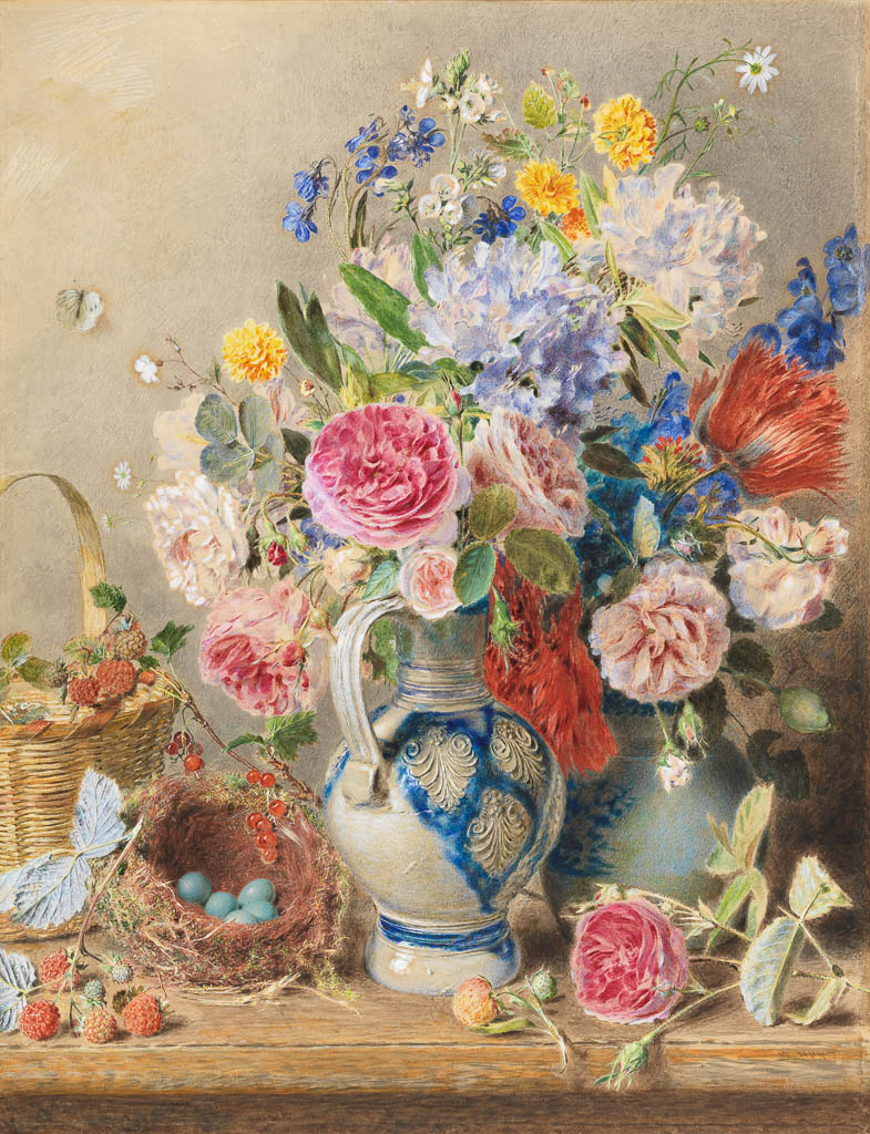 An image of Study of flowers. Hunt, William Henry (British, 1790-1864). Watercolour heightened with white, on paper, height 506 mm, width 388 mm, circa 1850.