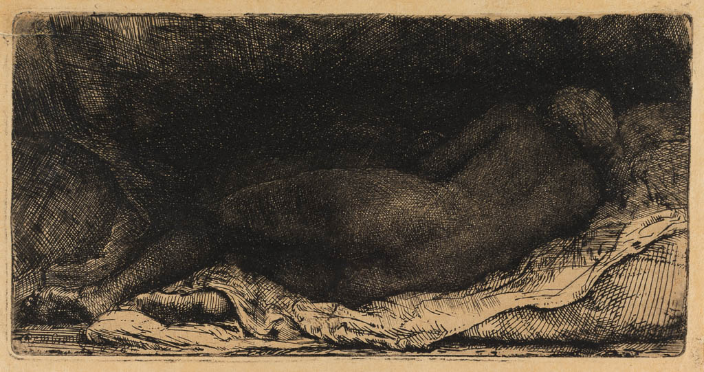 An image of Woman lying on a bed. Rembrandt Harmensz. van Rijn (Dutch, 1606-1669). Etching, drypoint, engraving, surface tone, black carbon ink on Oriental paper, height, plate, 80 mm, width, plate, 159 mm; height, sheet, 88 mm, width, sheet, 166 mm, 1658. State II/III.