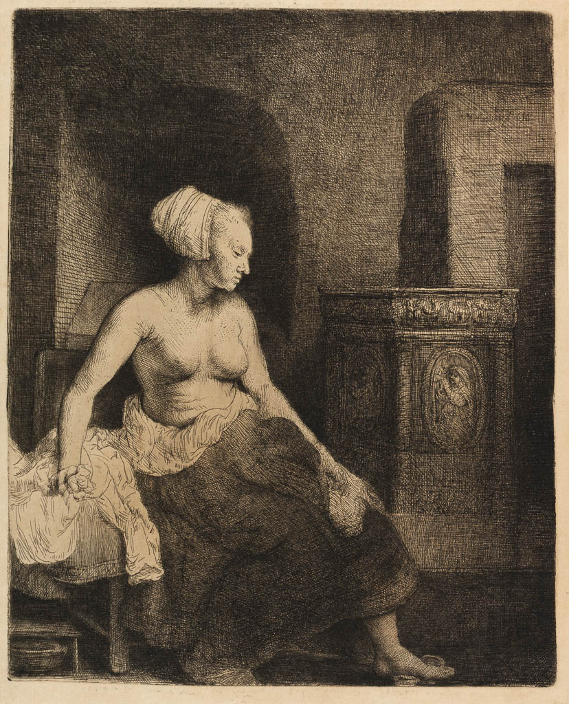 An image of Woman sitting half dressed beside a stove. Rembrandt Harmensz. van Rijn (Dutch, 1606-1669). Etching, drypoint, engraving, surface tone, black carbon ink on Oriental paper, height, plate, 227 mm, width, plate, 184 mm; height, sheet, 239 mm, width, sheet, 192 mm, 1658. State III/VII.