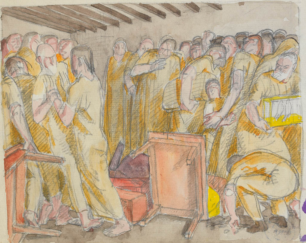 An image of Christ Driving the Money-Changers Out of the Temple. Lamb, Henry. Graphite and watercolour on paper, height 176 mm, width 226 mm.