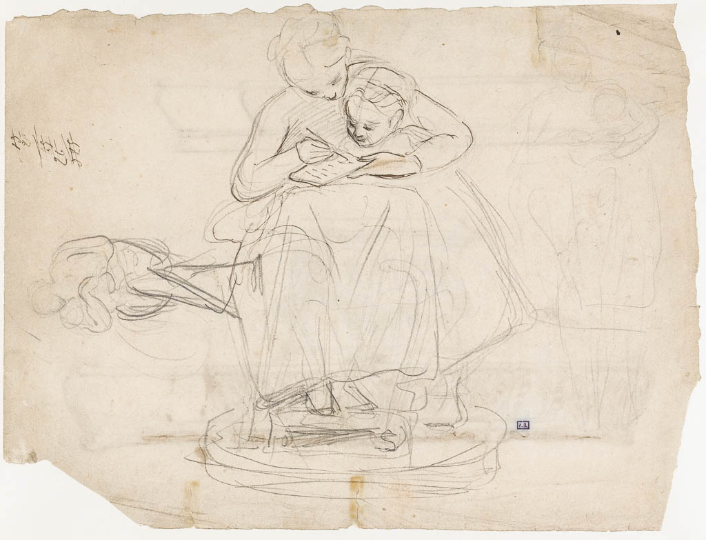 An image of Studies for 'The Reading Lesson'. Dalou, Aimé Jules (French sculptor, 1838-1902). Studies for 'The Reading Lesson' signed and dated 1874. The composition representing Madame Dalou and her daughter Georgette was included in the exhibition 'Sculptures by Jules Dalou' at Malletts, 28 April - 9 May 1964, no. 6. The final composition differes considerably from the drawing. A further sketch appears to be for a 'Maternité'. Compare PD.14-1979. Graphite with pen and brown ink, and slight traces of red crayon on paper, height 236 mm, width 313 mm, circa 1874.