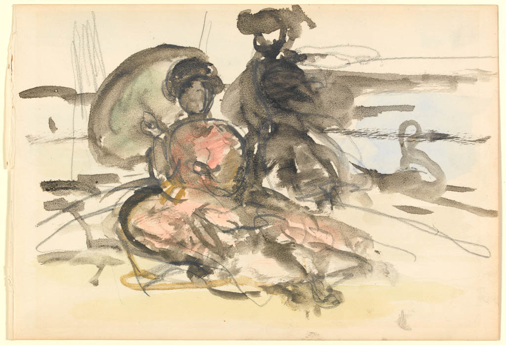 An image of Figure Study: Two Women Seated on a River Bank. Steer, Philip Wilson (British, 1860-1942). Graphite and watercolour on paper, height 178 mm, width 258 mm.