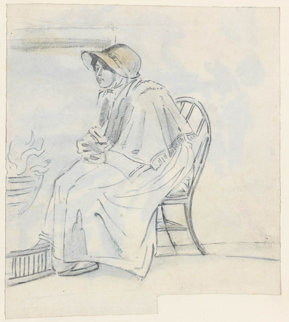 An image of "Catherine, wife of William Blake" seated by the fire. Cumberland, George (British, 1754-1848). Point of the brush, blue wash over black chalk on paper, height 200 mm, width 177 mm.