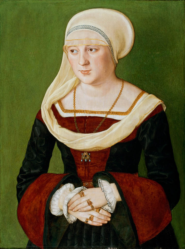 An image of Portrait of Anna Scheit, nee Mem(m)inger. Beham, Barthel (German, 1502-1540). Oil on panel, height, panel, 644 mm, width, panel, 483 mm, 1528.