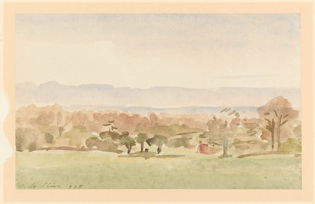 An image of Landscape, possibly Framlingham, Suffolk. Steer, Philip Wilson (British, 1860-1942). Watercolour on paper, laid down, height 183 mm, width 296 mm.