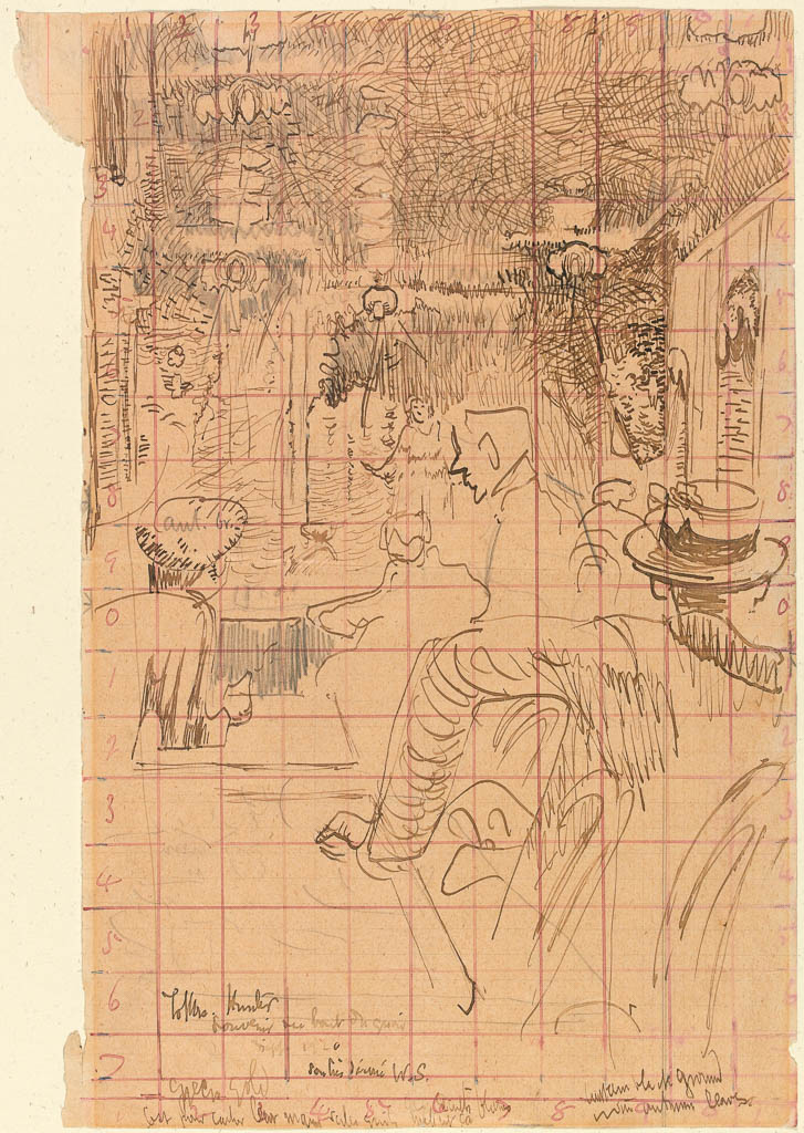 An image of Café Concert at Vernet's, Dieppe. Sickert, Walter Richard. Graphite and brown ink on lined (writing?) paper, squared up in red ink, height 348 mm, width 230 mm, 1920.