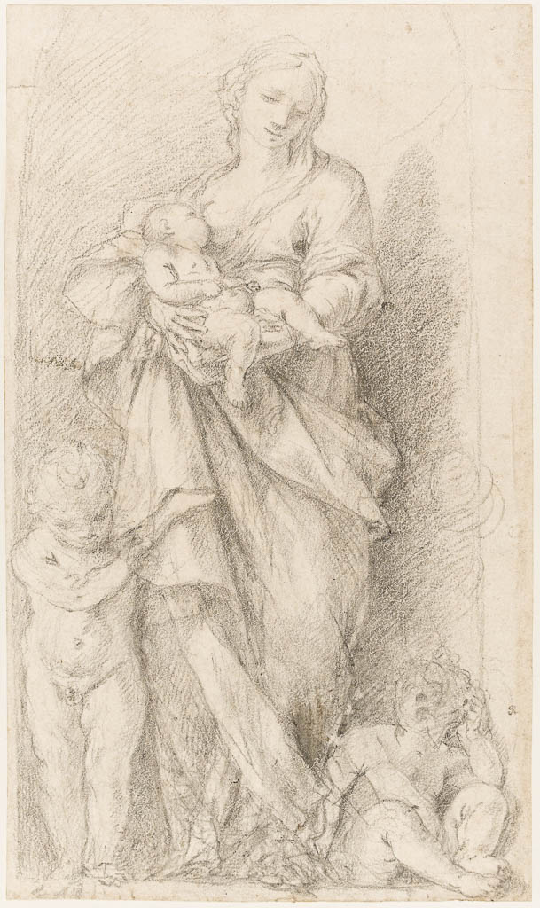 An image of Charity. Pozzi, Stefano attributed to (Italian, c.1707-1768). Black chalk, heightened with white on buff paper, height 330 mm, width 193 mm,
