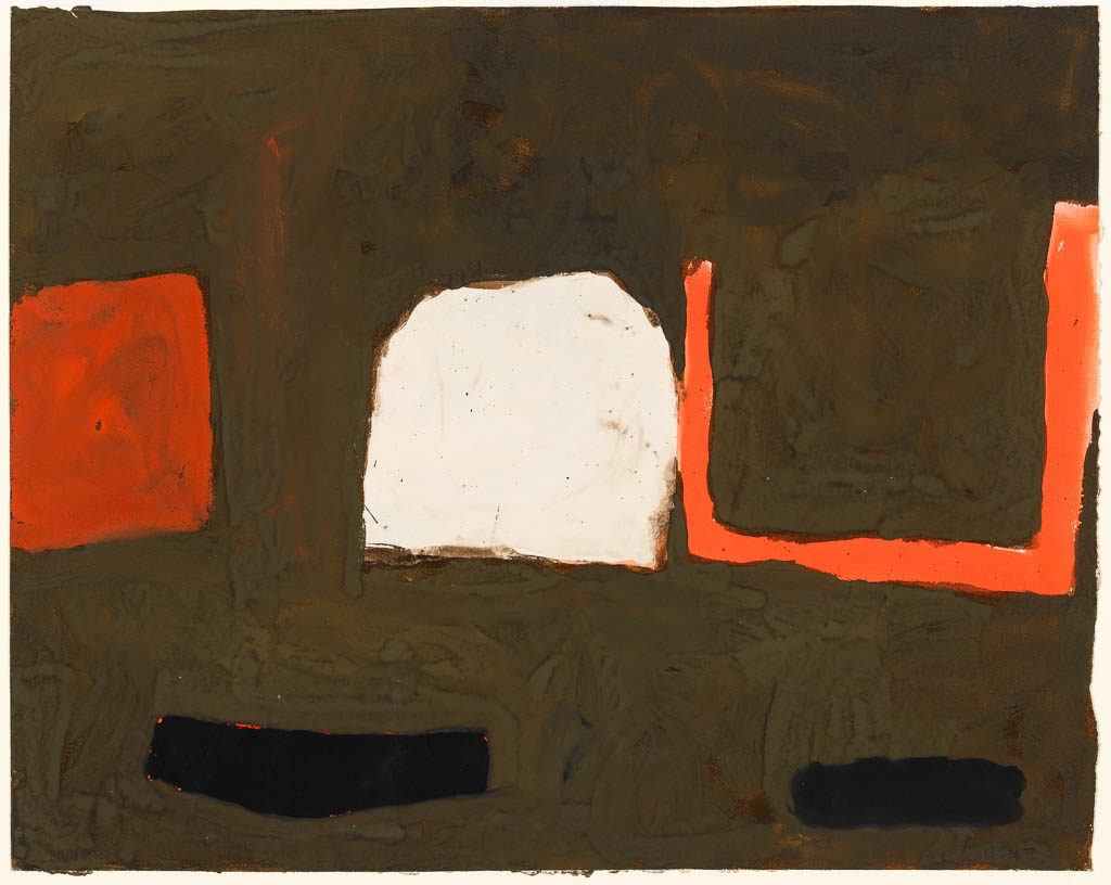 An image of Composition, Brown and Red. Scott, William (1913-1989). Gouache on paper, height 588 mm, width 470 mm.