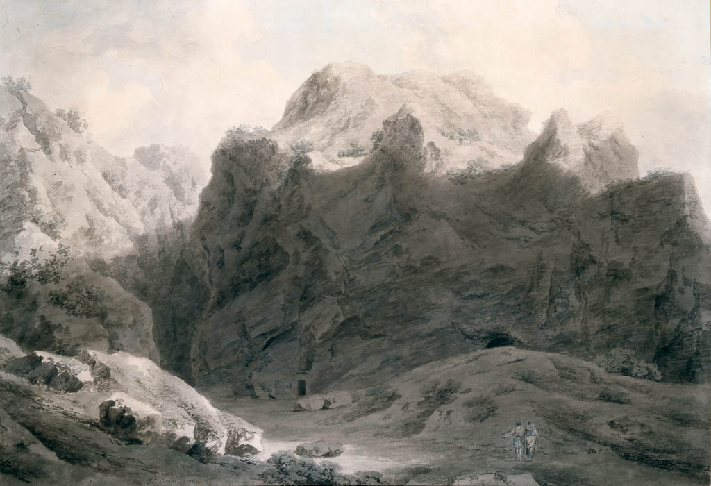 An image of Cozens, John Robert. The Chasm at Delphi. Graphite and watercolour on paper, 1790.