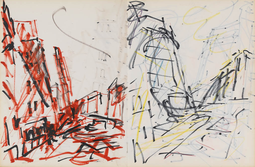 An image of Sketchbook. Auerbach, Frank. Coloured inks on paper, height, page size, 283 mm, width, page size, 214 mm, 1984-1990.