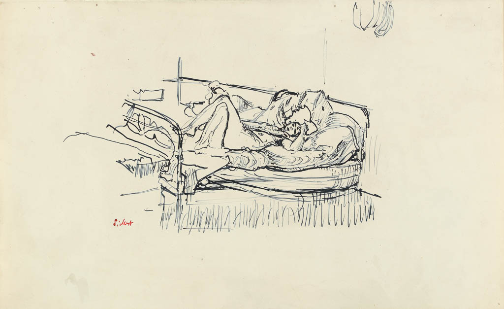 An image of Nude Lying on a Bed. Sickert, Walter Richard. Pen and blue ink on paper, height 204 mm, width 330 mm.