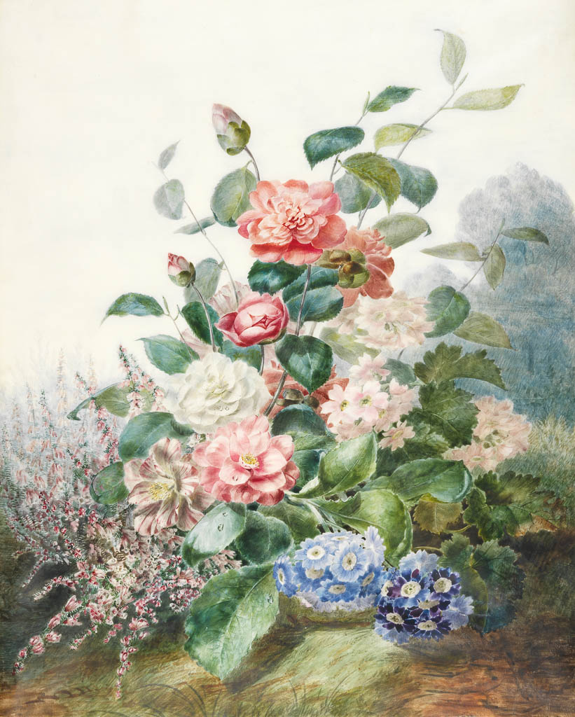 An image of Various Flowers Growing in a Landscape Setting. Pascal, Antoine (French, 1803-1859). Watercolour on vellum. Height: 604 mm, width: 470 mm. 19th Century.