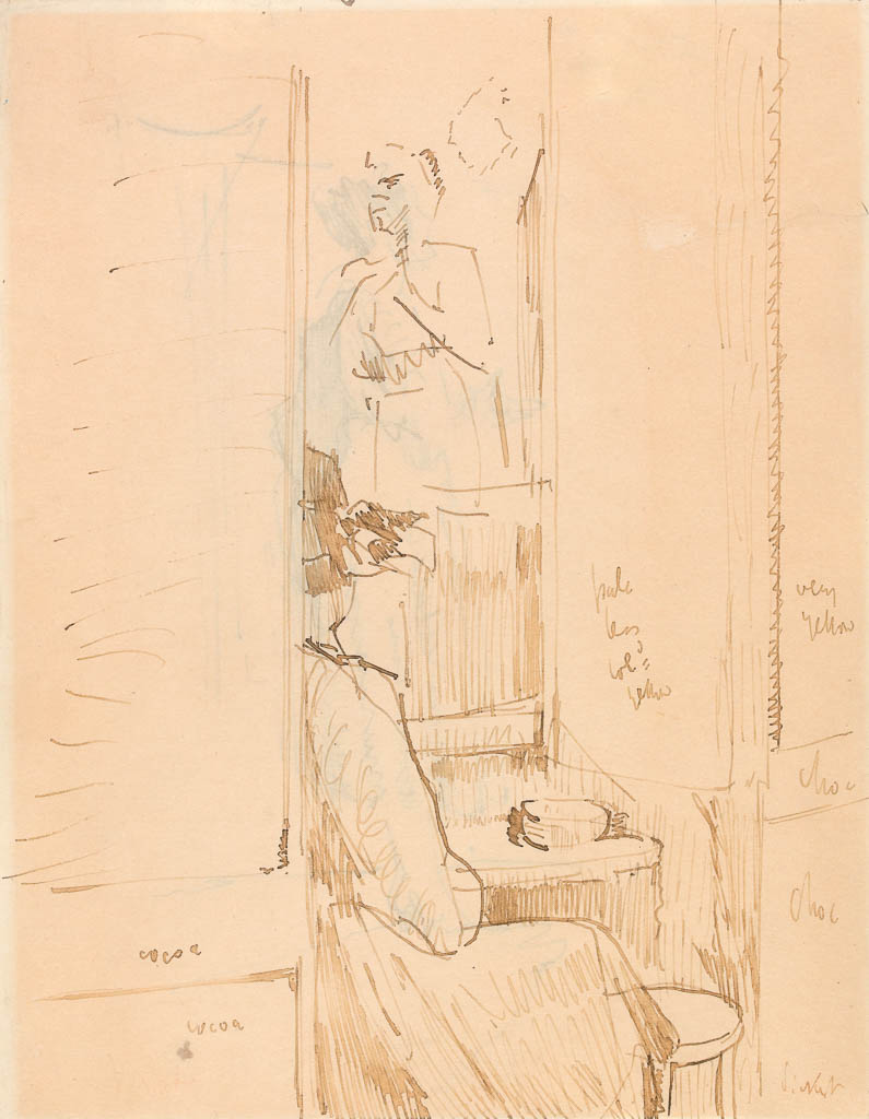 An image of Café Vernet, Standing Female Figure Facing Left (Singing?). Sickert, Walter Richard. Pen and brown ink on paper, height 275 mm, width 211 mm.