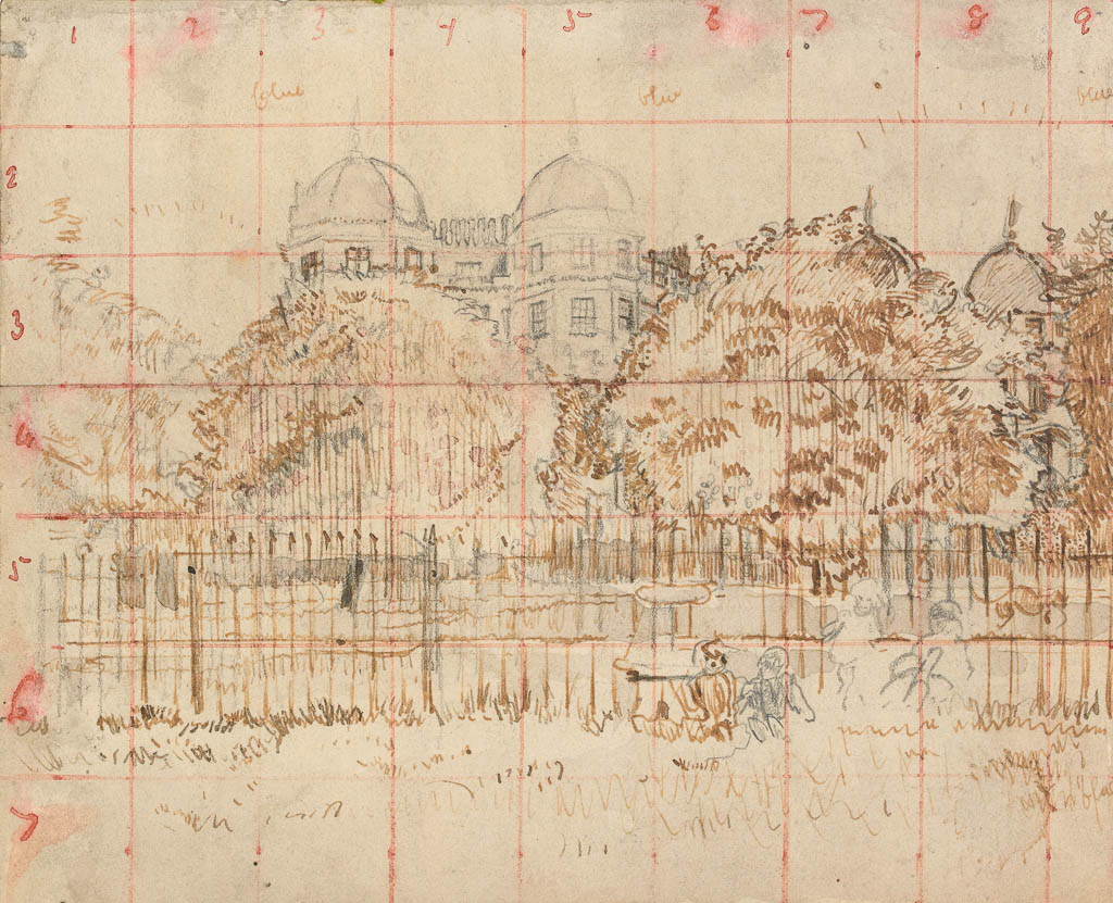 An image of Regents Park. Sickert, Walter Richard. Graphite, pen and ink on grey paper, squared in red ink and numbered across the top and down left side, height 178 mm, width 217 mm.