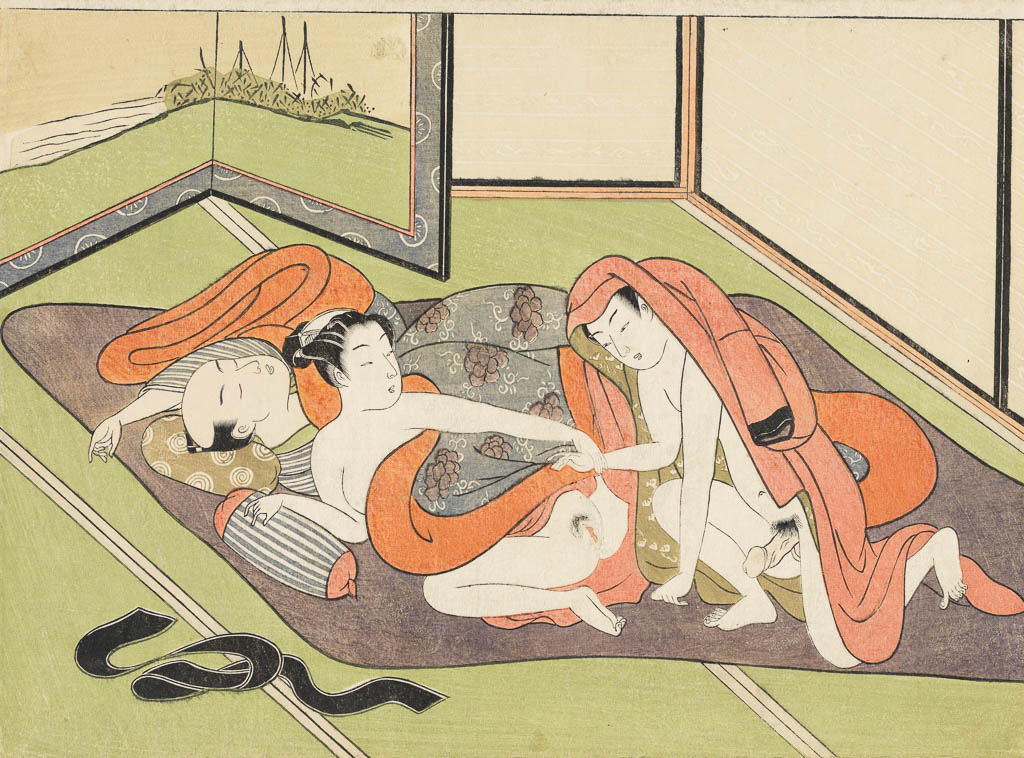An image of Lovers in an interior. Harunobu, Suzuki (Japanese, 1724-1770). Colour print from woodblocks with blind embossing (kimedashi and karazuri). Chûban format. circa 1770.