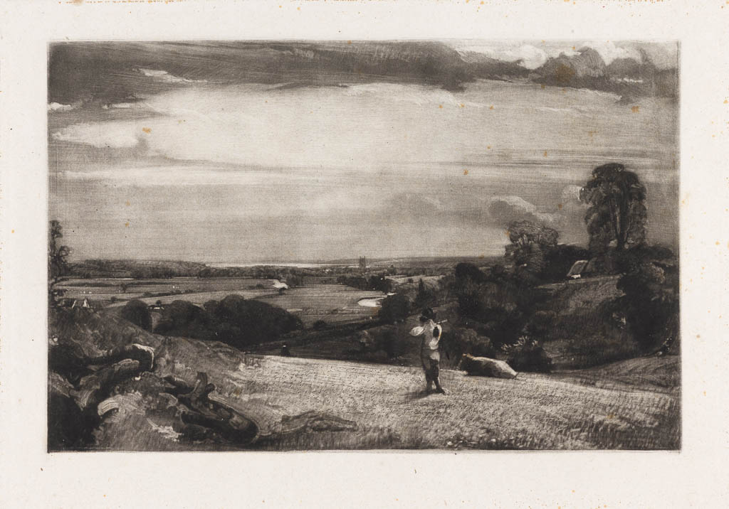 An image of Summer Morning. Lucas, David (British, 1802-1881). After Constable, John (British, 1776-1837). Mezzotint, black carbon ink on paper, height, plate, 175, mm, width, plate, 251, mm; height, sheet, 272, mm, width, sheet, 368, mm, circa 1831. Progress proof. Published in English Landscape, part III, September 1831.